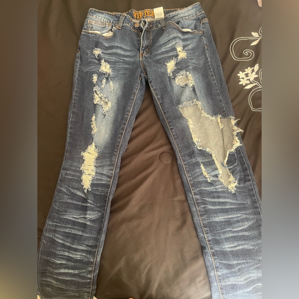 Gray Straight Leg Jeans with Distressed Details